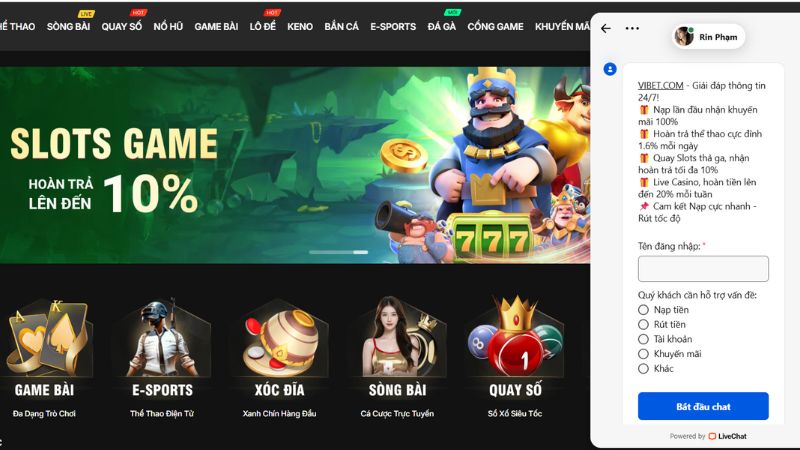 Liên hệ Vibet thông qua Live chat
