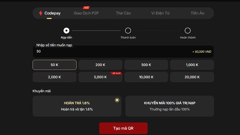 Hướng dẫn nạp tiền Vibet thông qua Codepay